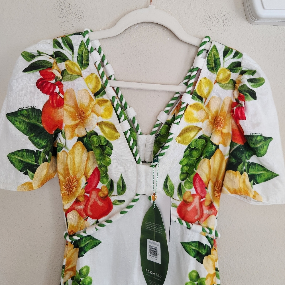 Farm Rio Linen Picnic Flowers Maxi Dress Size XXS NWT Off White $298 - Picture 5 of 14